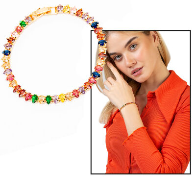 Gold Renk Multicolor Zirkon Taşlı Tam Tur Kararmaz Metal Kadın Bileklik - 1