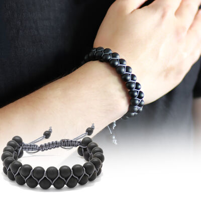 Gray Onyx Double Row Bracelet With Natural Stone Macrame Woven Sphere - 1