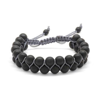 Gray Onyx Double Row Bracelet With Natural Stone Macrame Woven Sphere - 3