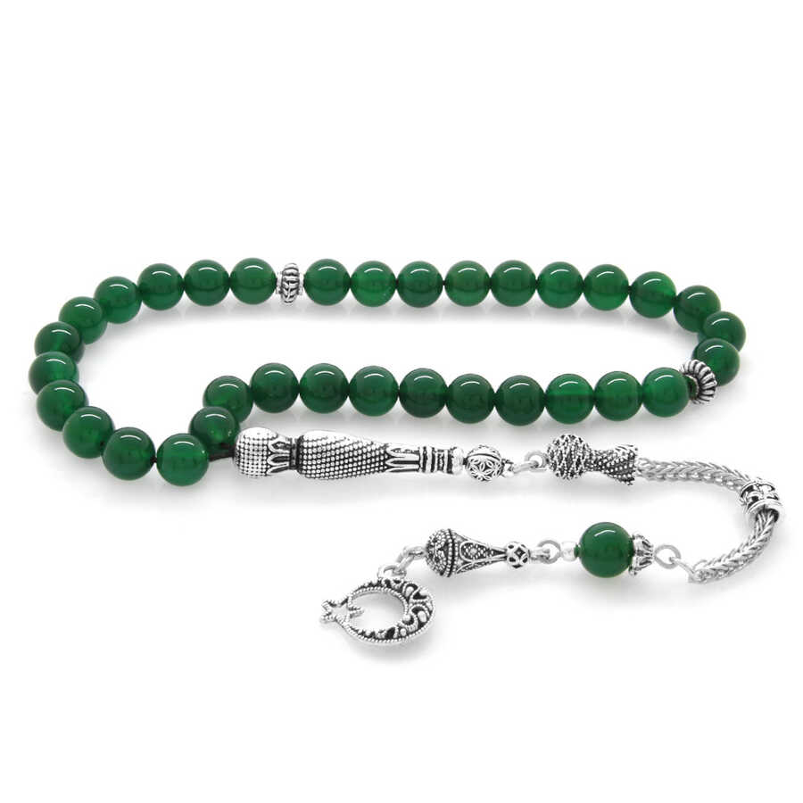 Green Agate Tasbeeh With Metal Tassels And Dull Metal Ball