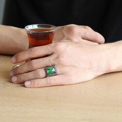 Green Fire Amber Stone 925 Sterling Silver Mens Ring - Thumbnail