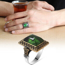 Green Fire Amber Stone 925 Sterling Silver Mens Ring