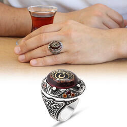 Green Fire Amber Stone Oval Design 925 Sterling Silver Mens Ring - Thumbnail