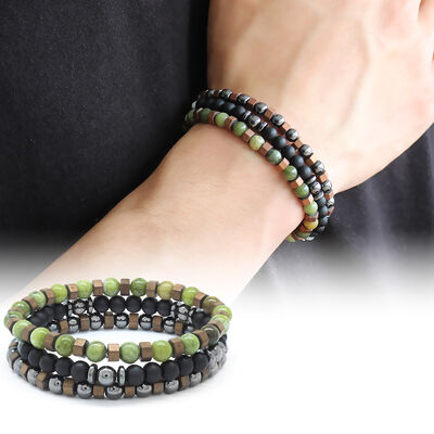 Green Jade, Onyx And Hematite Bracelet With Green Stone Cut - 1