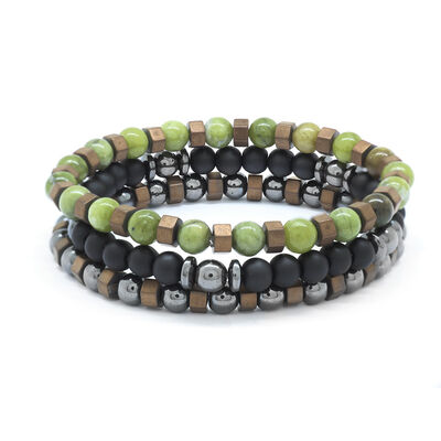 Green Jade, Onyx And Hematite Bracelet With Green Stone Cut - 3