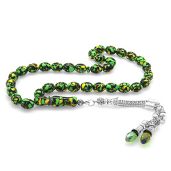 Green Zircon Stone Faded Barley Cut Amber Mosaic Prayer Beads With Metal Tassels - Thumbnail
