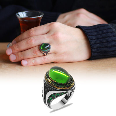 Green Zircon Stone Micro Zircon Stone Setting Oval Design 925 Sterling Silver Mens Ring - 1