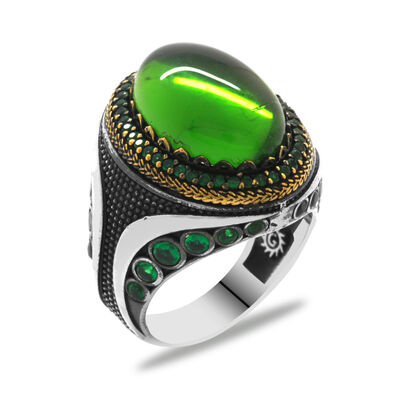 Green Zircon Stone Micro Zircon Stone Setting Oval Design 925 Sterling Silver Mens Ring - 2