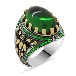 Green Zirconia Oval Design 925 Sterling Silver Mens Ring - Thumbnail