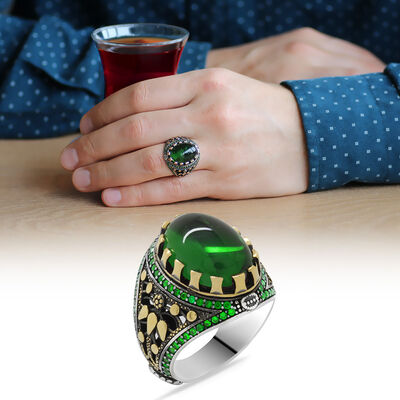 خاتم رجالي من الفضة الإسترليني عيار 925 بتصميم بيضاوي أخضر زركونيا - 1