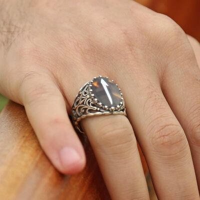 Handmade 925 Sterling Silver Ring With Mother Of Pearl Inlaid With'Vav' Motif On Ocean Mother Of Pearl