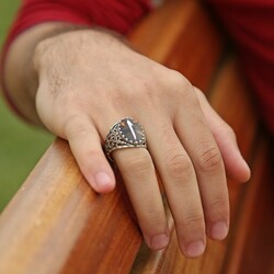 Handmade 925 Sterling Silver Ring With Mother Of Pearl Inlaid With'Vav' Motif On Ocean Mother Of Pearl - Thumbnail