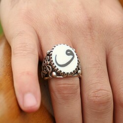 Handmade 925 Sterling Silver Ring With Vav Motif İnlaid With Ebony On İvory - Thumbnail