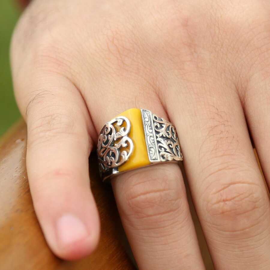Handmade 925 Sterling Silver Ring With Vav Motif İnlaid With Ebony On İvory