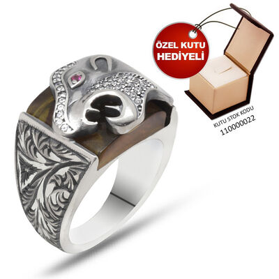 Handmade Erzurum 925 Sterling Silver Amber Stone & Tiger Ring
