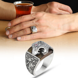 Handmade Erzurum 925 Sterling Silver Amber Stone & Tiger Ring - Thumbnail