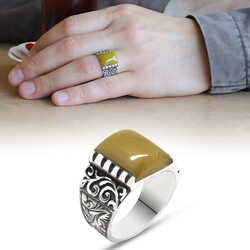 Handmade Erzurum 925 Sterling Silver Mens Square Yellow Pressed Amber Stone Ring - Thumbnail