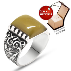 Handmade Erzurum 925 Sterling Silver Mens Square Yellow Pressed Amber Stone Ring - Thumbnail