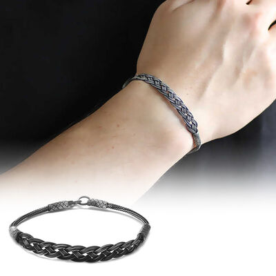 Handmade Half Round Knitted Design - Glass 1000 K Silver Bracelet - 1