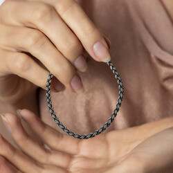 Handmade Oval Knitted Design Glass Unisex 1000 Sterling Silver Bracelet - Thumbnail