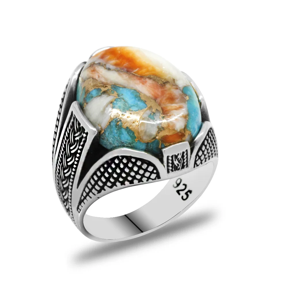 Has Coral Stone Pagan Design 925 Sterling Silver Men's Ring - 3