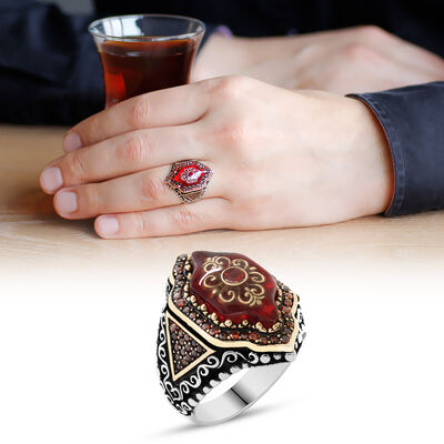 Hexagon Design 925 Sterling Silver Mens Ring With Rug Pattern Engraved İn Red Amber - Thumbnail