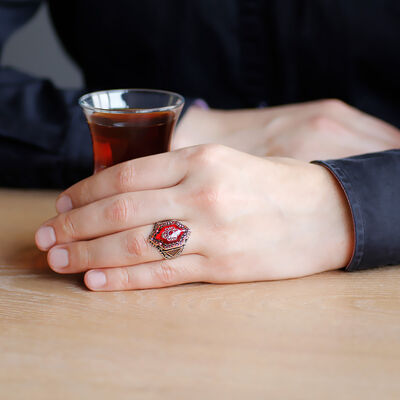 Hexagon Design 925 Sterling Silver Mens Ring With Rug Pattern Engraved İn Red Amber - Thumbnail