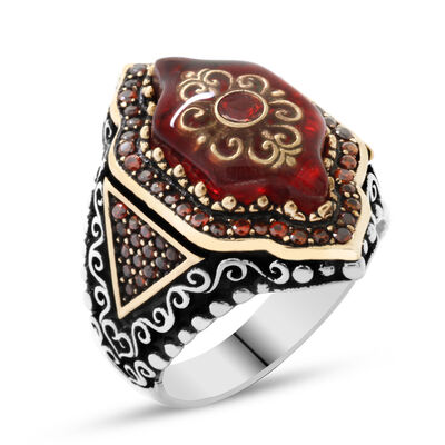 Hexagon Design 925 Sterling Silver Mens Ring With Rug Pattern Engraved İn Red Amber - Thumbnail