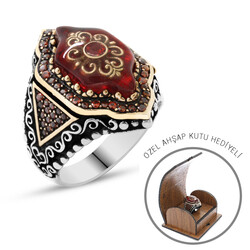 Hexagon Design 925 Sterling Silver Mens Ring With Rug Pattern Engraved İn Red Amber - Thumbnail