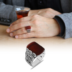Ivy Design Red Agate 925 Sterling Silver Mens Ring - Thumbnail