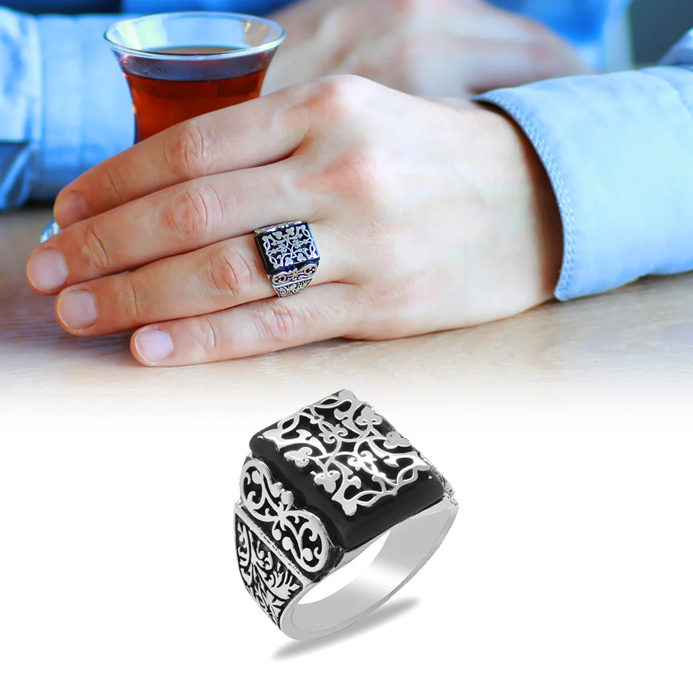 Ivy Pattern Themed 925 Sterling Silver Men's Ring With Onyx Stone Pen Work - 2