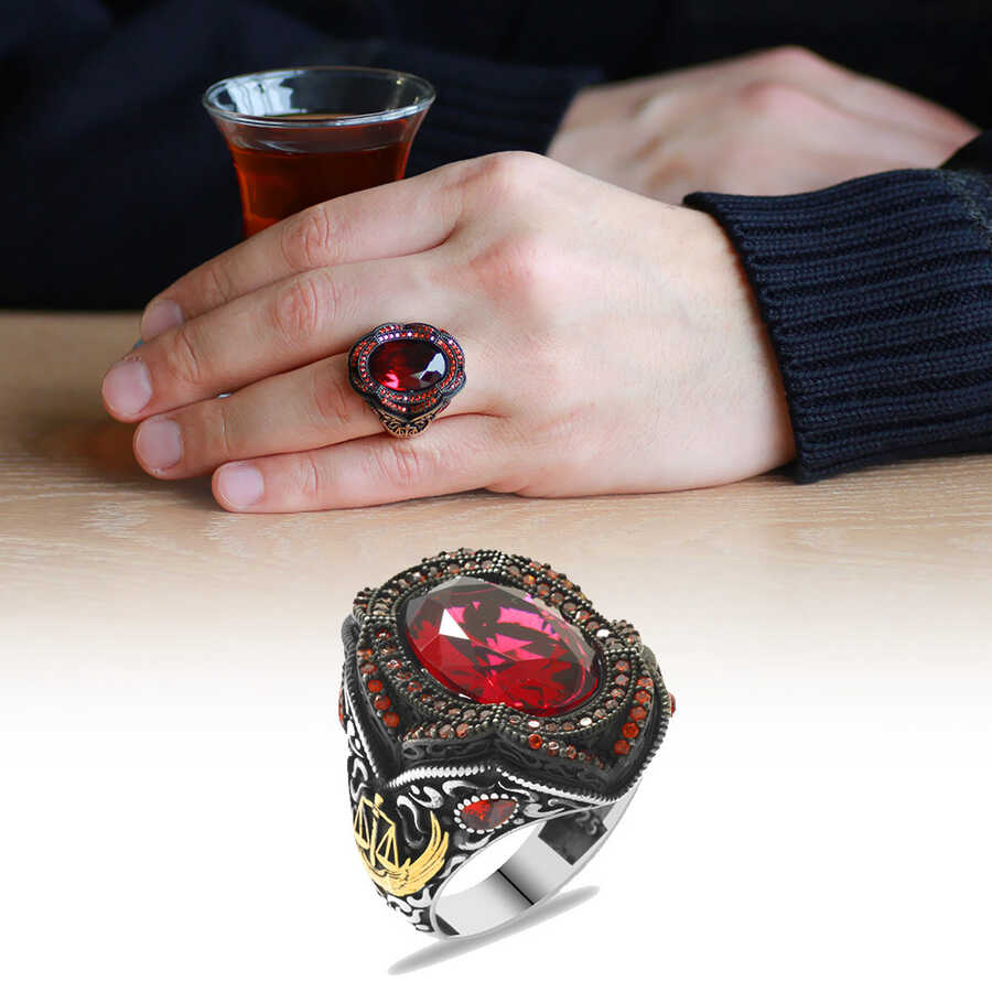 Justice Style 925 Sterling Silver Mens Ring With Red Zirconia