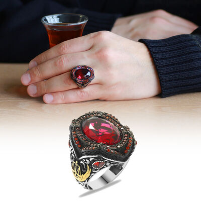 Justice Style 925 Sterling Silver Mens Ring With Red Zirconia - 1
