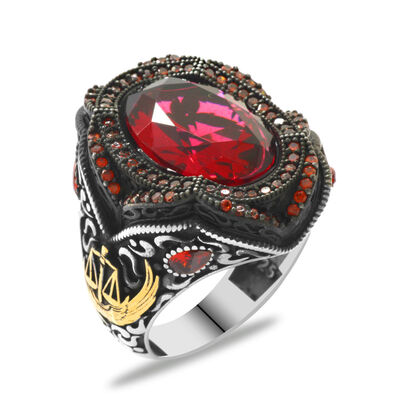 Justice Style 925 Sterling Silver Mens Ring With Red Zirconia - 2