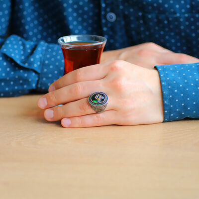 خاتم رجالي بتصميم كالي من الفضة الإسترليني عيار 925 مرصع بحجر الزركونيا الأخضر - 2