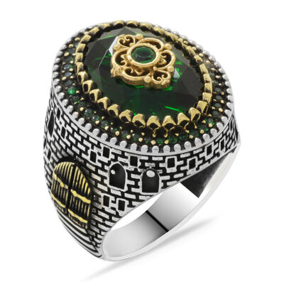 خاتم رجالي بتصميم كالي من الفضة الإسترليني عيار 925 مرصع بحجر الزركونيا الأخضر - 3
