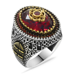Kale Design Facet Cut 925 Sterling Silver Mens Ring With Red Zirconia - 3