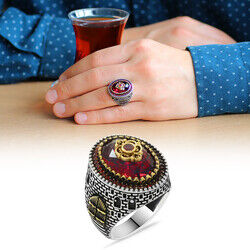 Kale Design Facet Cut 925 Sterling Silver Mens Ring With Red Zirconia - 4