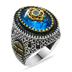 Kale Design Facet Cut Aqua Blue Zircon Stone 925 Silver Men Ring - Thumbnail