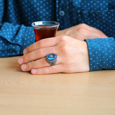 خاتم رجالي من الفضة عيار 925 بحجر الزركون الأزرق المائي بتصميم كالي - 2
