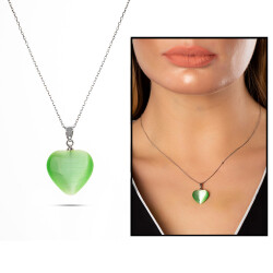 Kalp Tasarım 925 Ayar Gümüş Zincirli Çift Taraflı Fıstık Yeşil Kedigözü Kolye - 2