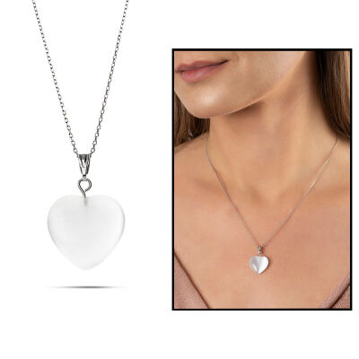 Kalp Tasarım 925 Ayar Gümüş Zincirli Çift Taraflı Soft Beyaz Kedigözü Kolye - 1