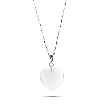 Kalp Tasarım 925 Ayar Gümüş Zincirli Çift Taraflı Soft Beyaz Kedigözü Kolye - 5