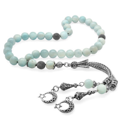 Kararmaz Metal Ayyıldız Püsküllü Küre Kesim Larimar Doğaltaş Tesbih - 1