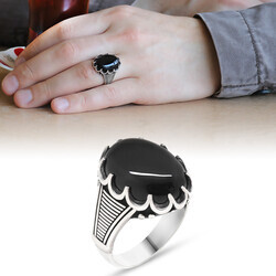 King Crown 925 Sterling Silver Ring With Onyx Stone - Thumbnail