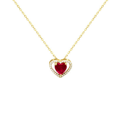 Kırmızı-Beyaz Zirkon Taşlı Kalp Tasarım Gold Renk 925 Ayar Gümüş Kadın Kolye - 1