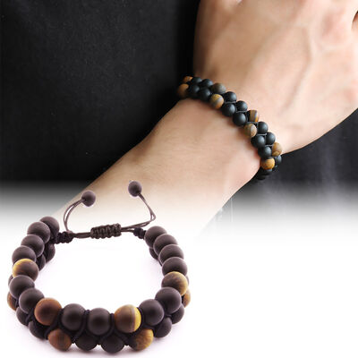 Knitted Double-Row Bracelet Made Of Natural Macrame Stone With Tiger's Eye Spheres Cut - 1