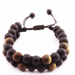 Knitted Double Row Women's Bracelet Made Of Natural Macrame Stone With A Tiger Eye Sphere Cut - Thumbnail