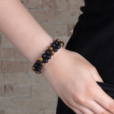 Knitted Double Row Women's Bracelet Made Of Natural Macrame Stone With A Tiger Eye Sphere Cut - 1