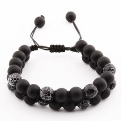 Knitting Macrame Two-Row Women's Agate And Onyx Bracelet With A Cut Of Natural Stone Spheres - Thumbnail